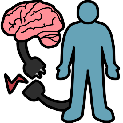 a pink brain and a light blue body. both have a black cable with plug coming out of them. the plugs are disconnected, and there's a small red zigzag showing that it isn't working.